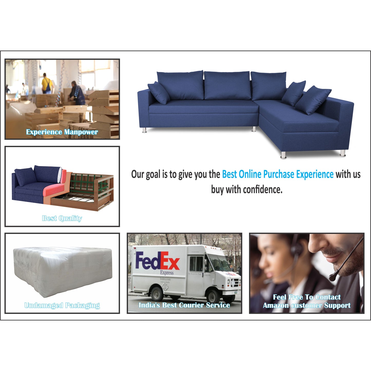 Adorn India Straight line L Shape Sofa (Blue)