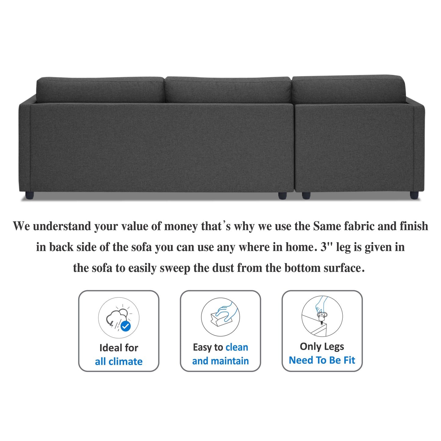 Adorn India Alexander L Shape 7 Seater Sofa Set with Ottoman Puffy LHS (Dark Grey) (3 Year Warranty)