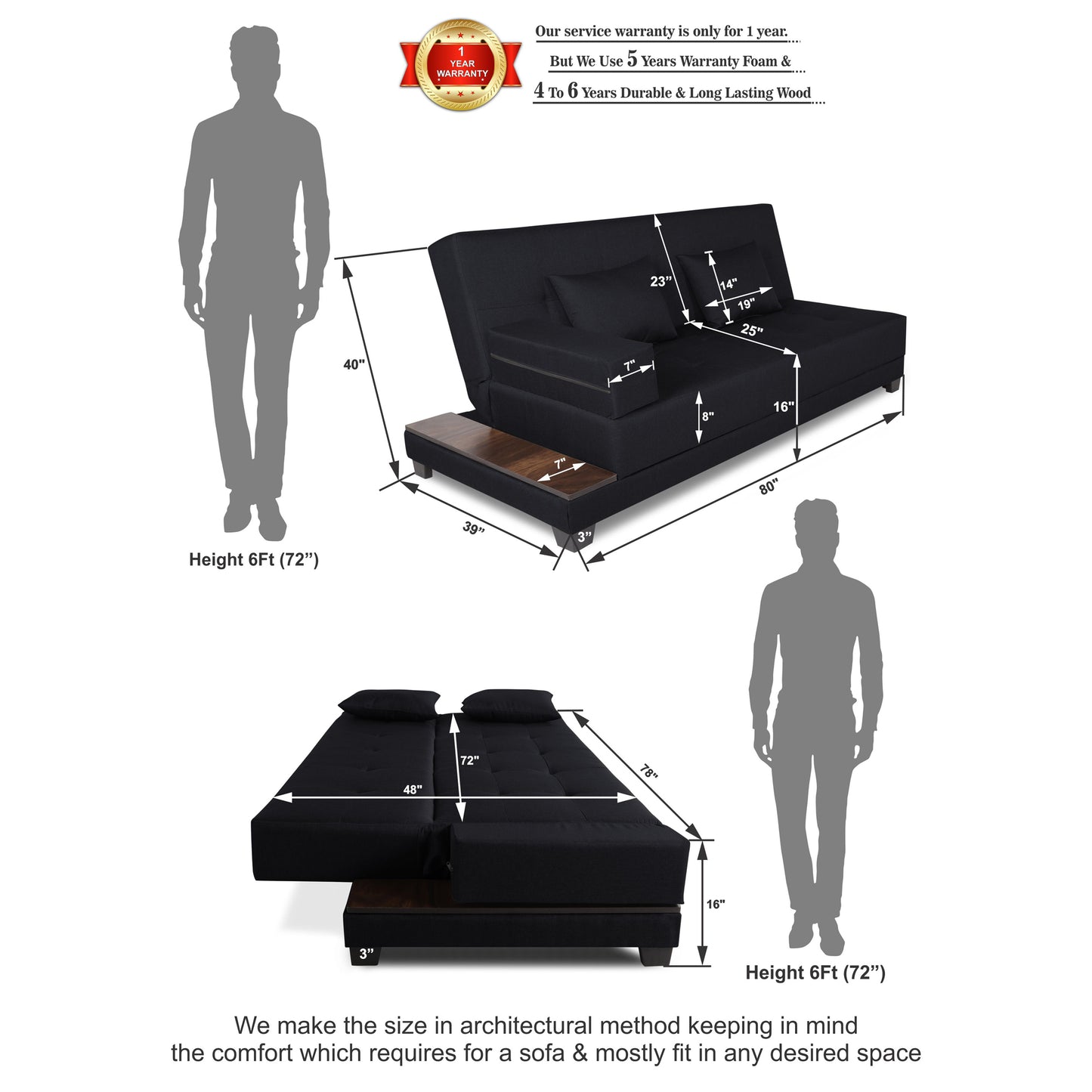 Adorn India Blake 3 Seater Sofa Cum Bed (Black), Wood, Foam