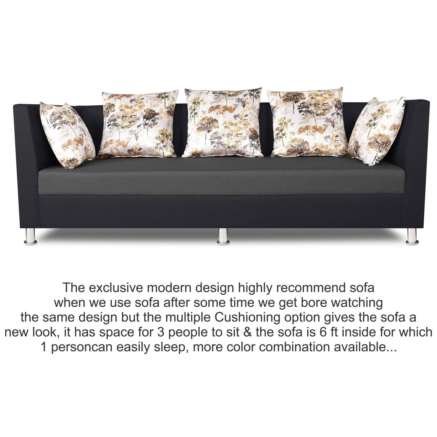 Adorn India Exclusive Two Tone Alica Three Seater Sofa (Dark Grey & Black), Wood, Foam