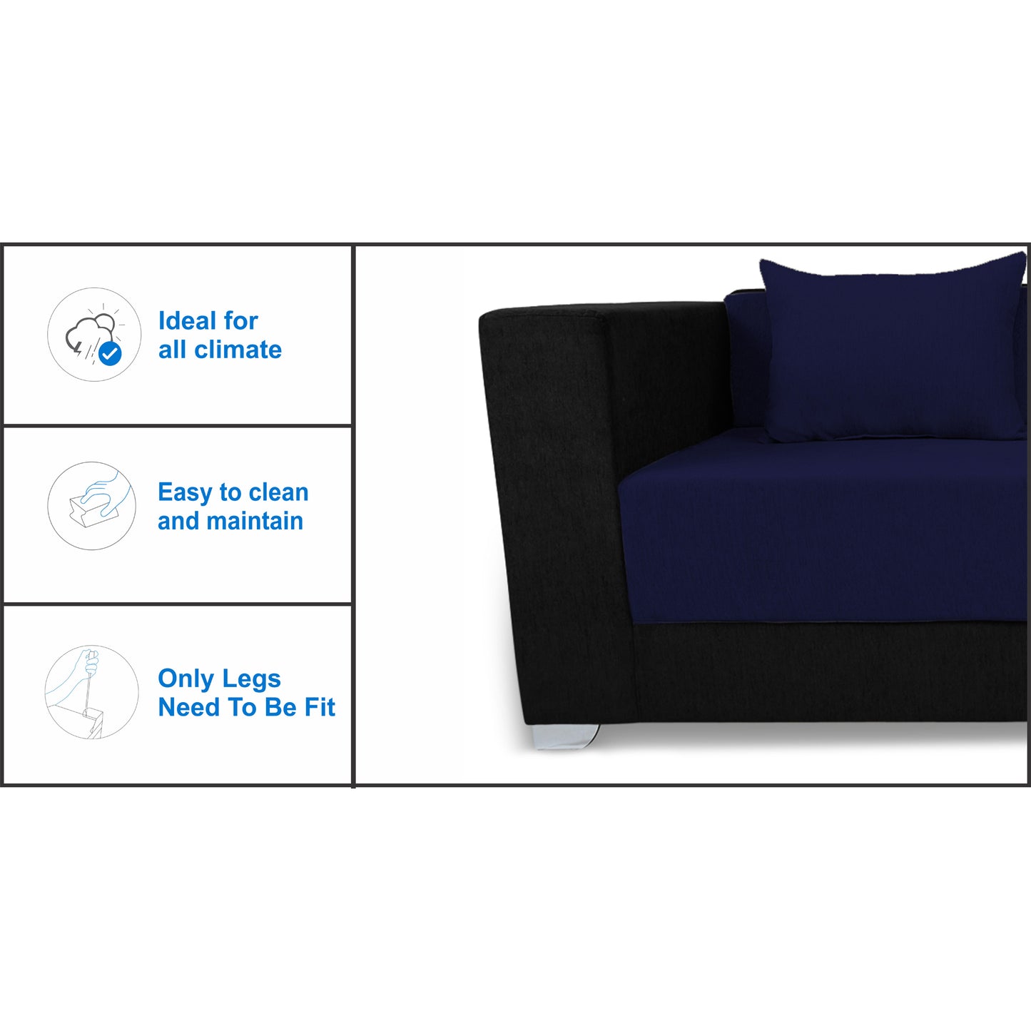 Adorn India Almond 3 Seater Sofa Cumbed (Dark Blue & Black)