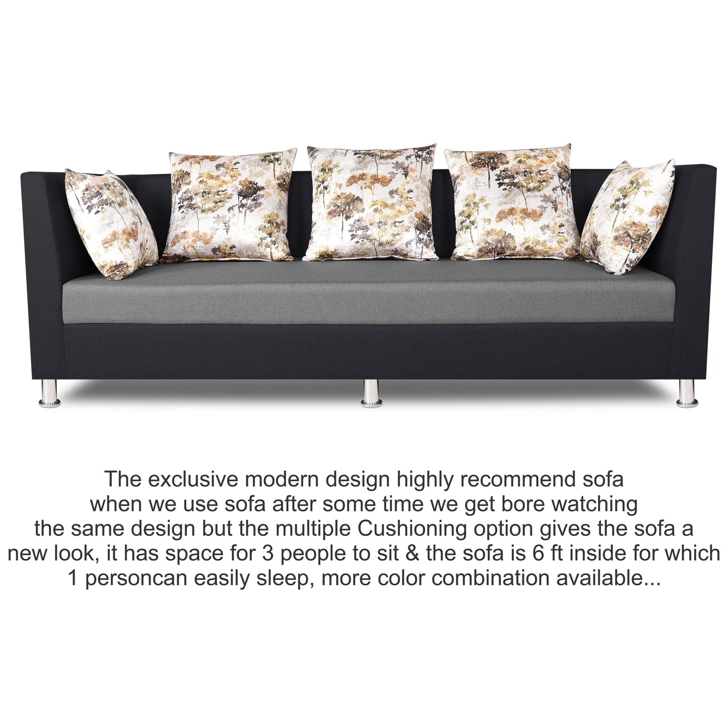 Adorn India Exclusive Two Tone Alica Three Seater Sofa (Light Grey & Black), Wood, Foam