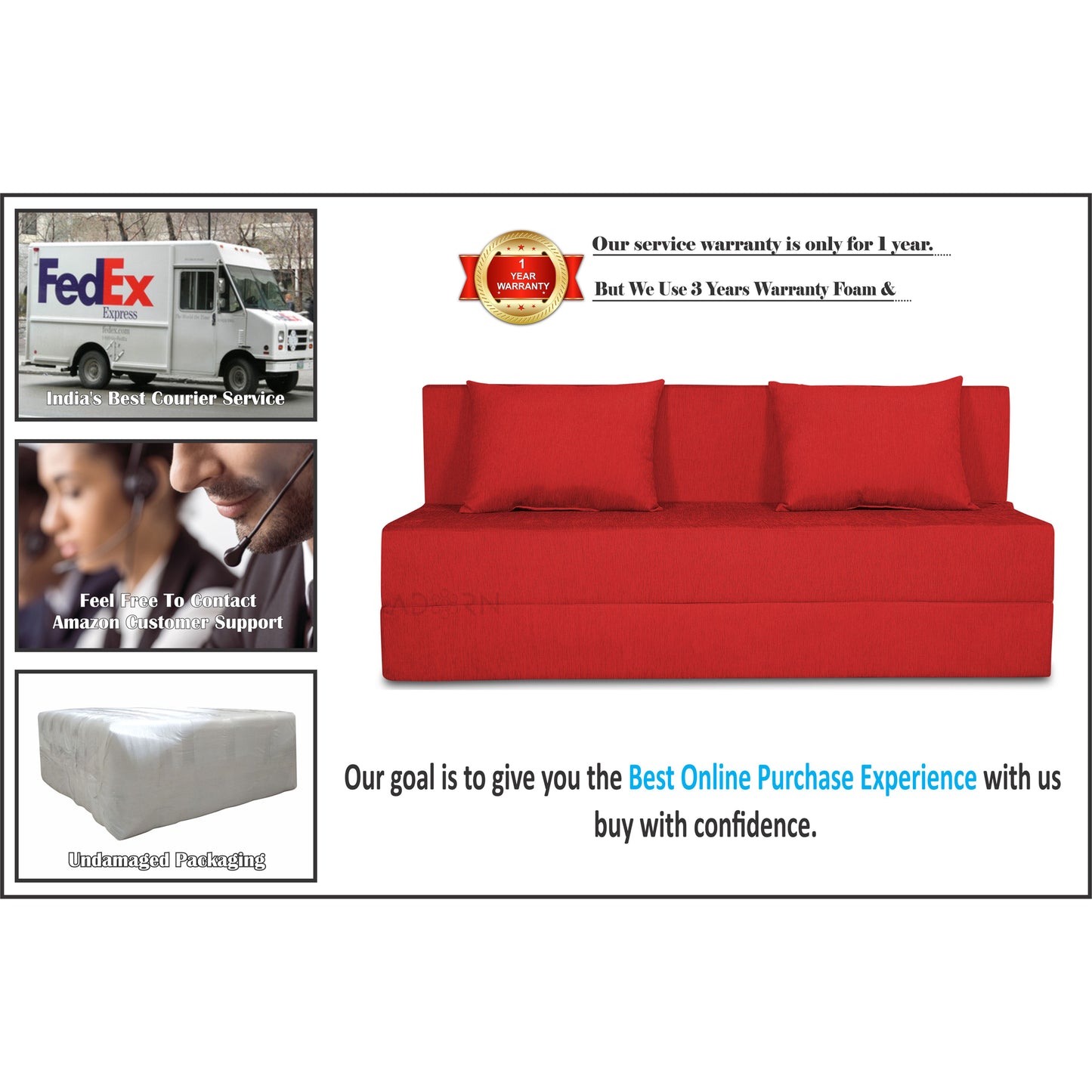Adorn India Easy 3 Seater Sofa Cum Bed Alyn 6'x 6' (Red) (1 Year Warranty)