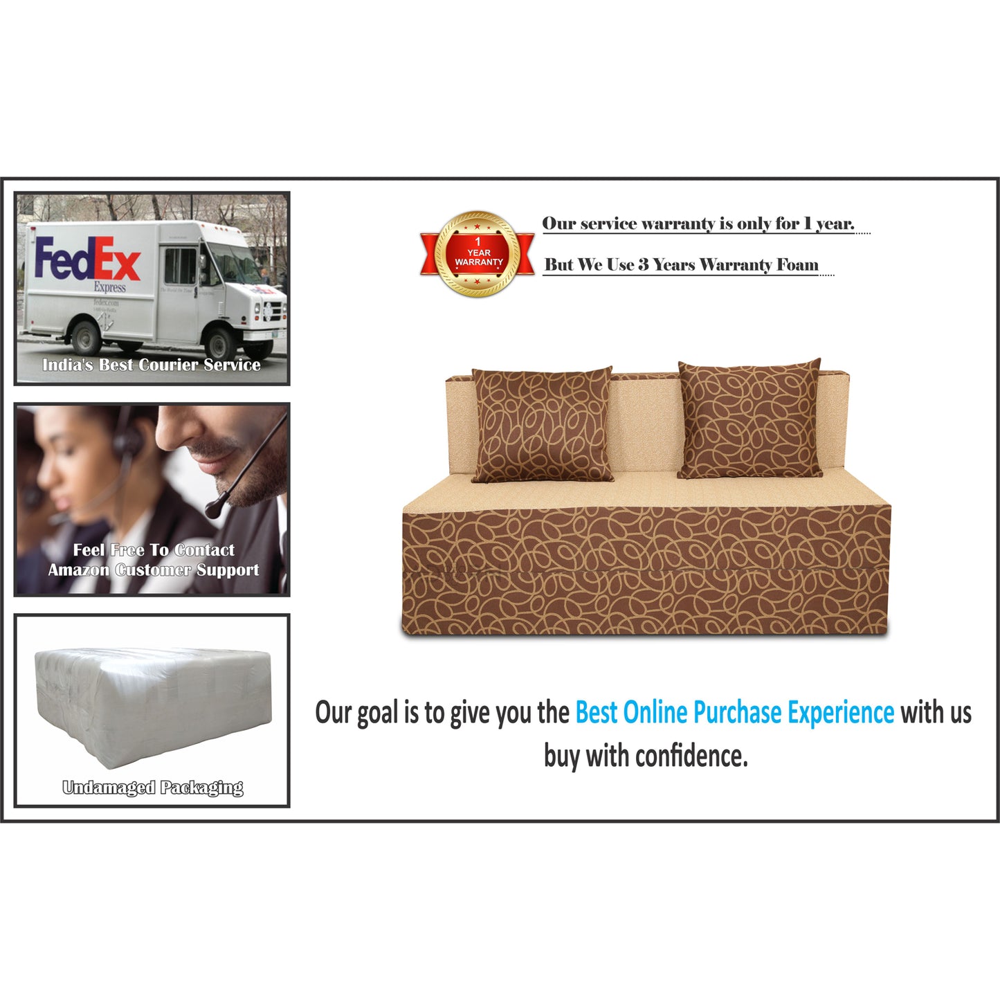 Adorn India Easy Three Seater Sofa Cum Bed Poly Cotton (Brown & Beige) (4 x 6)