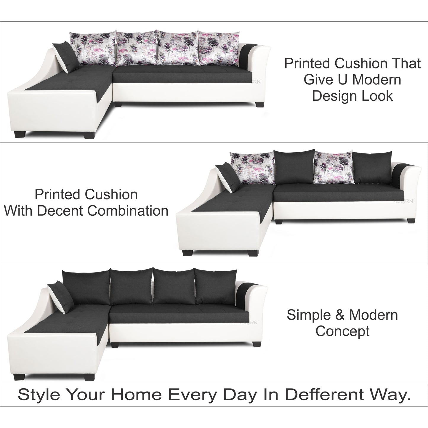 Adorn India Aliana L Shape Leatherette Fabric 6 Seater Sofa Set LHS (Dark Grey & White) (3 Year Warranty)