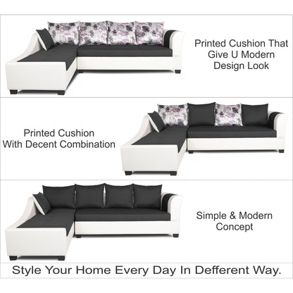 Adorn India Aliana L Shape Leatherette Fabric 6 Seater Sofa Set LHS (Dark Grey & White) (3 Year Warranty)