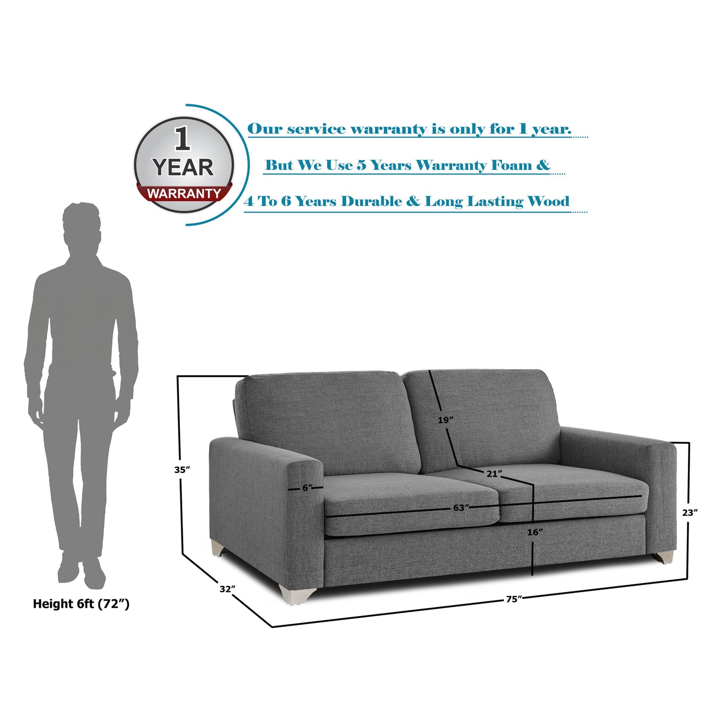 Adorn India Straight Line Three Seater Sofa (Grey)