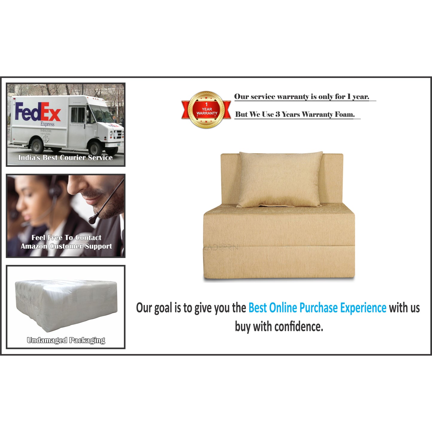 Adorn India Easy 3 Seater Sofa Cum Bed Alyn 3'x 6' (Beige) (1 Year Warranty)