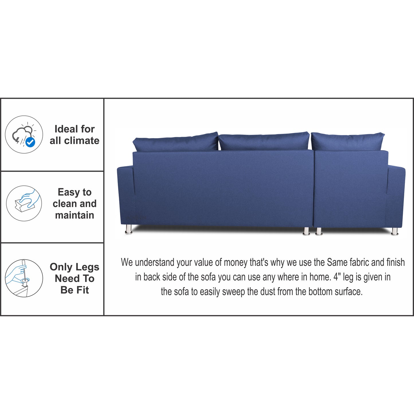 Adorn India Straight Line L Shape Sofa (Left Side Handle) (Blue)