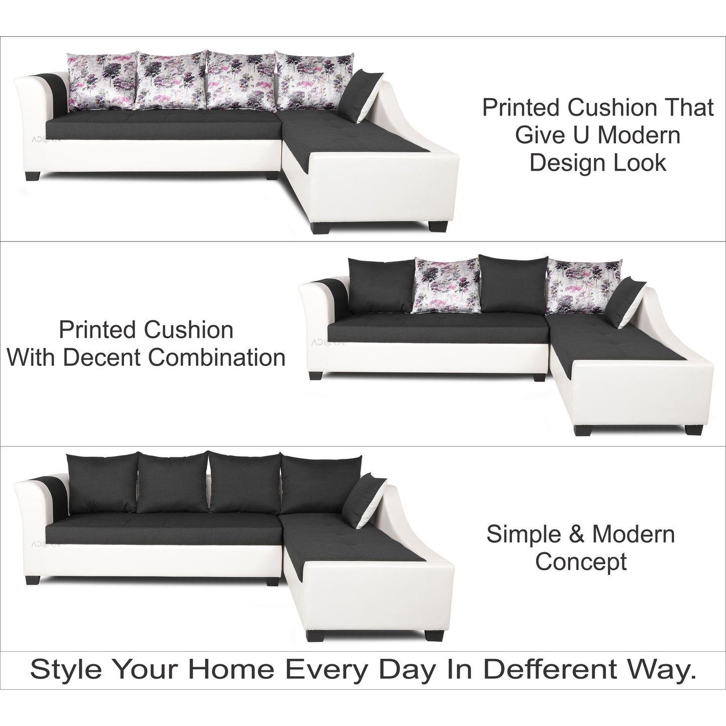 Adorn India Aliana L Shape Leatherette Fabric 6 Seater Sofa Set RHS (Dark Grey & White) (3 Year Warranty)