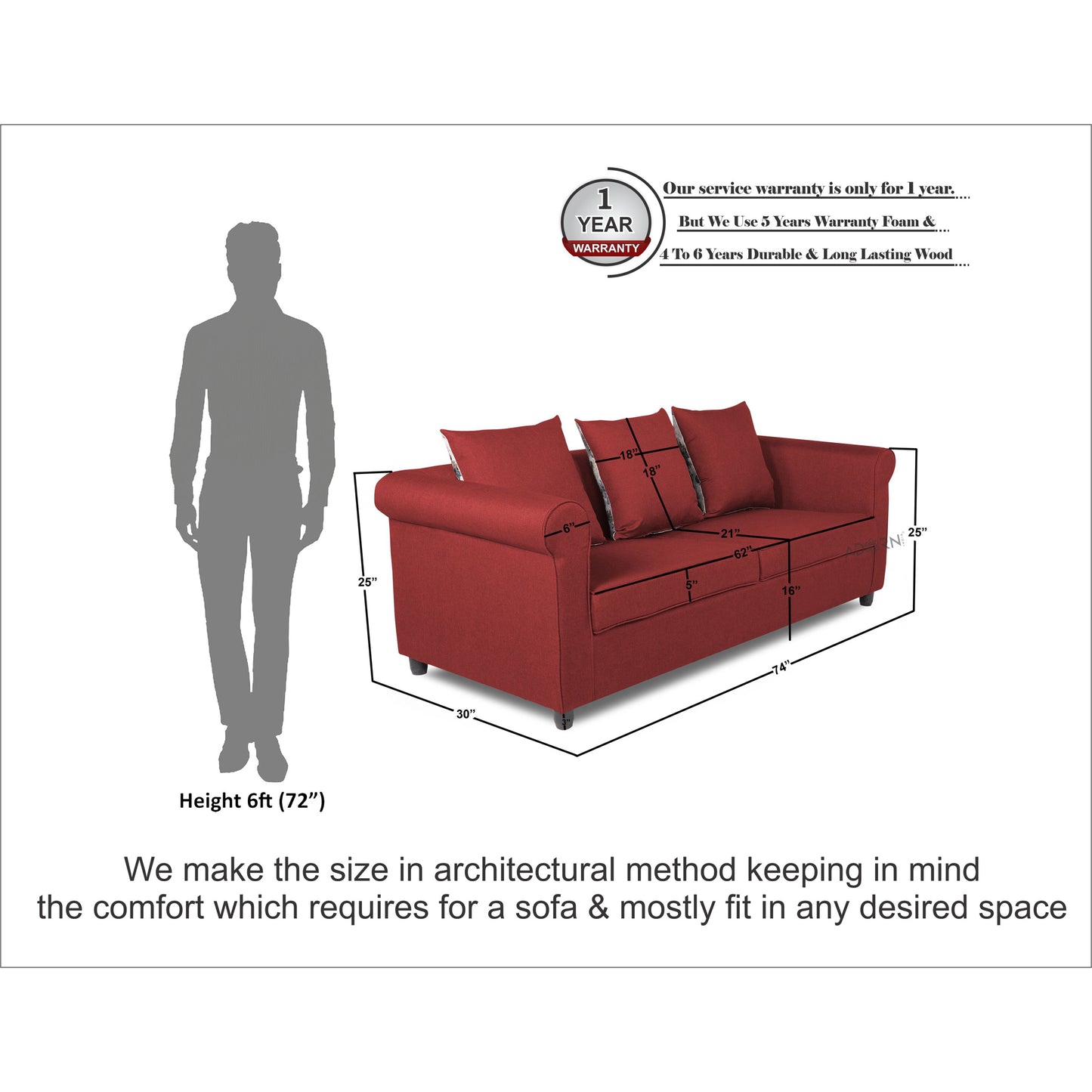 Adorn India Magnum 3 Seater Sofa (Maroon), Wood, Foam