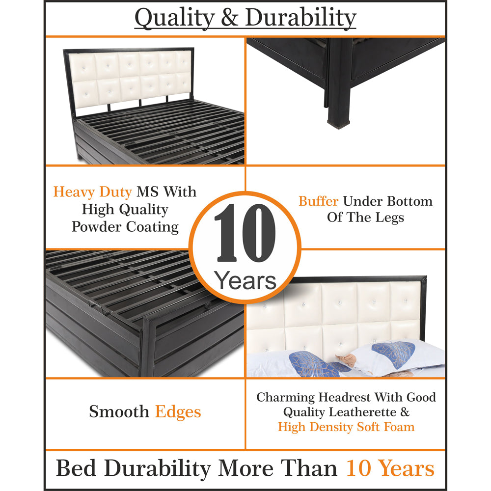 Adorn India Calypso Wrought Iron Bed with Back Cushion Queen Size Box Spring Storage (Without Mattress; Matte; Black)
