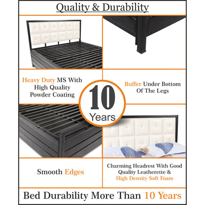 Adorn India Calypso Wrought Iron Bed with Back Cushion Queen Size Box Spring Storage (Without Mattress; Matte; Black)