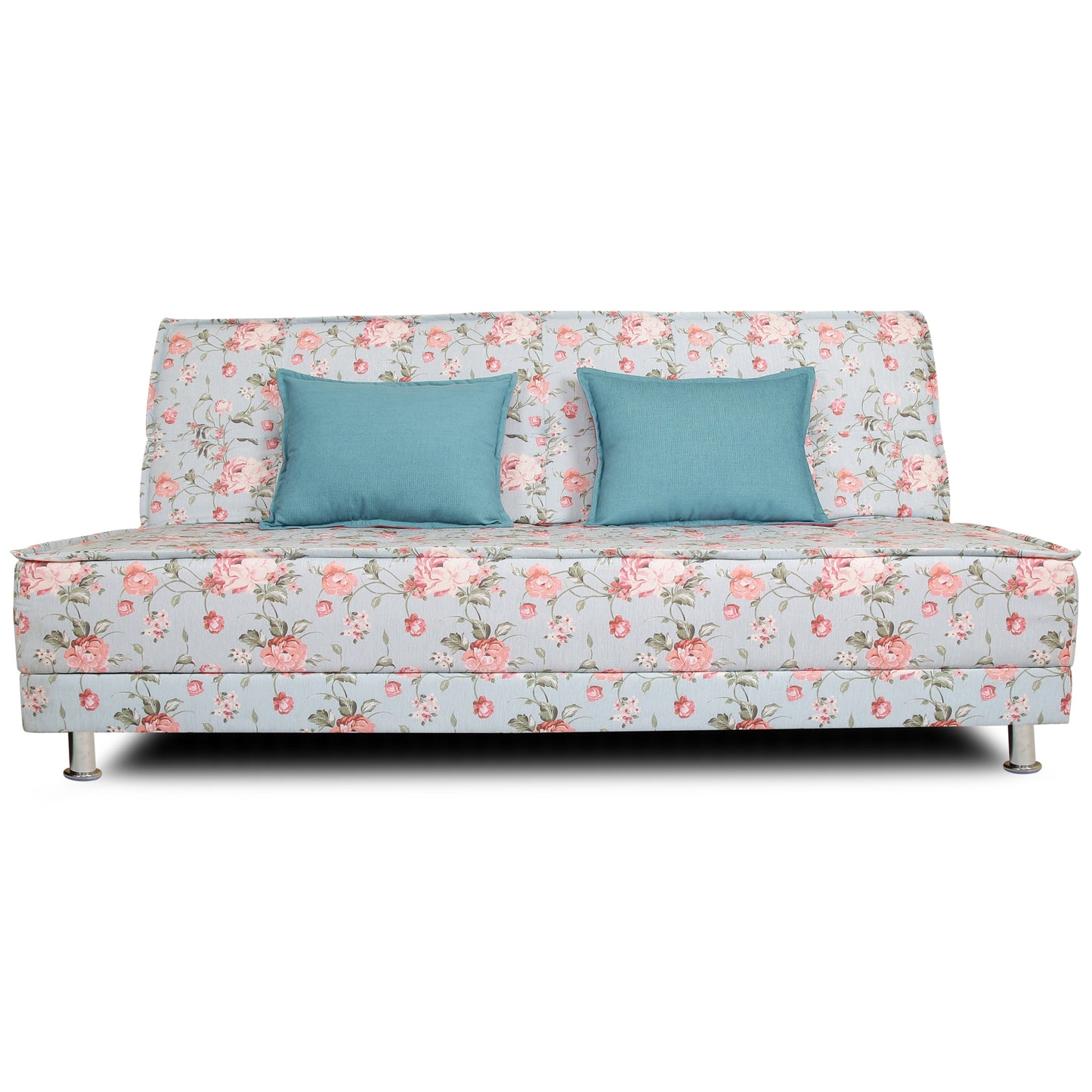 Adorn India Roselyn 3 Seater Sofa Cum Bed Digitel Print (Aqua Blue), Wood, Foam