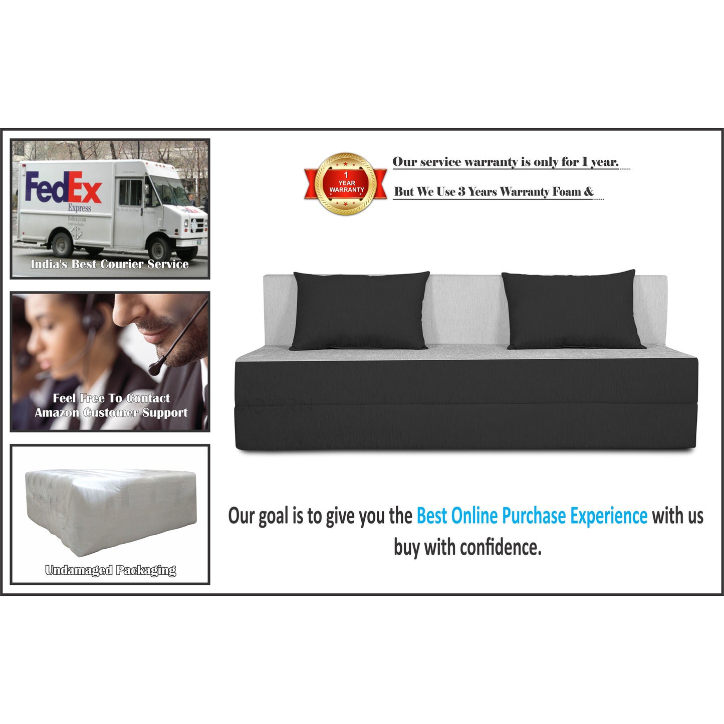 Adorn India Easy 3 Seater Sofa Cum Bed (Black & Grey) (5x6) (3 Year Warranty)