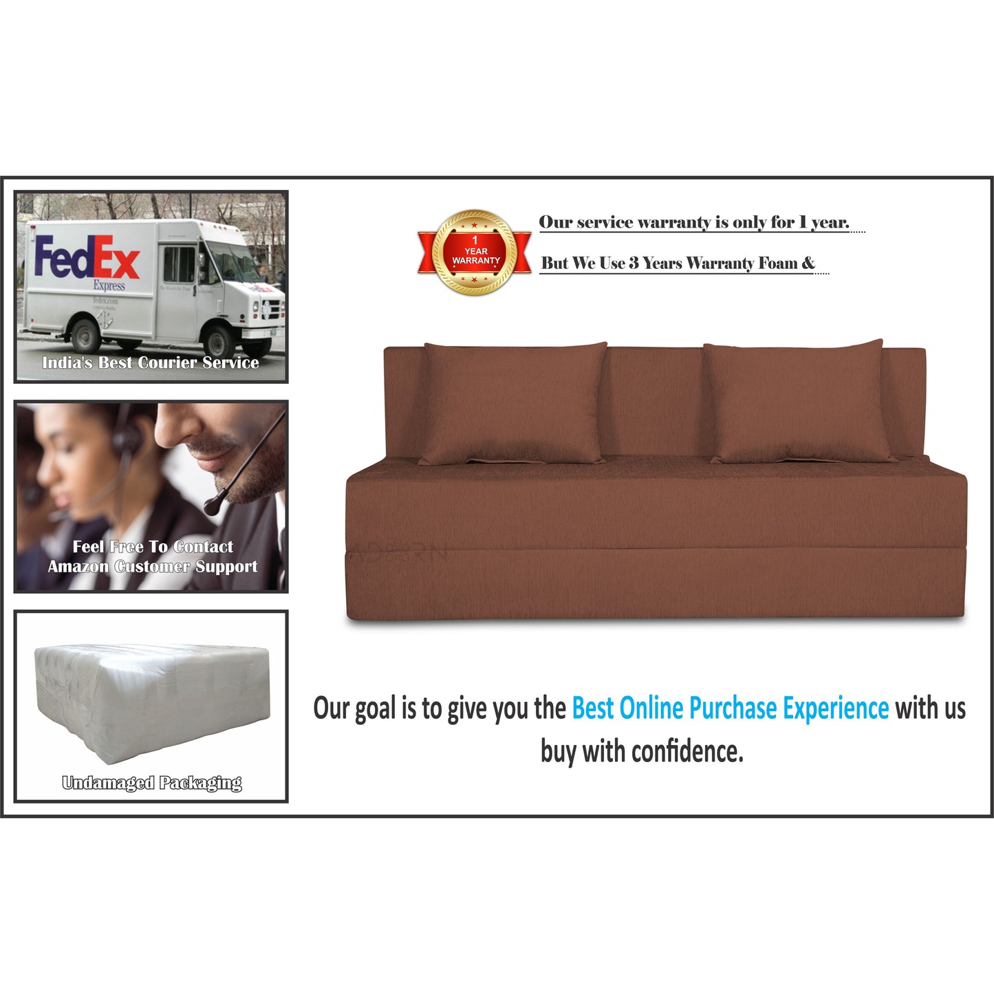 Adorn India Easy 4 Seater Sofa Cum Bed Alyn 6'x 6' (Brown) (1 Year Warranty)
