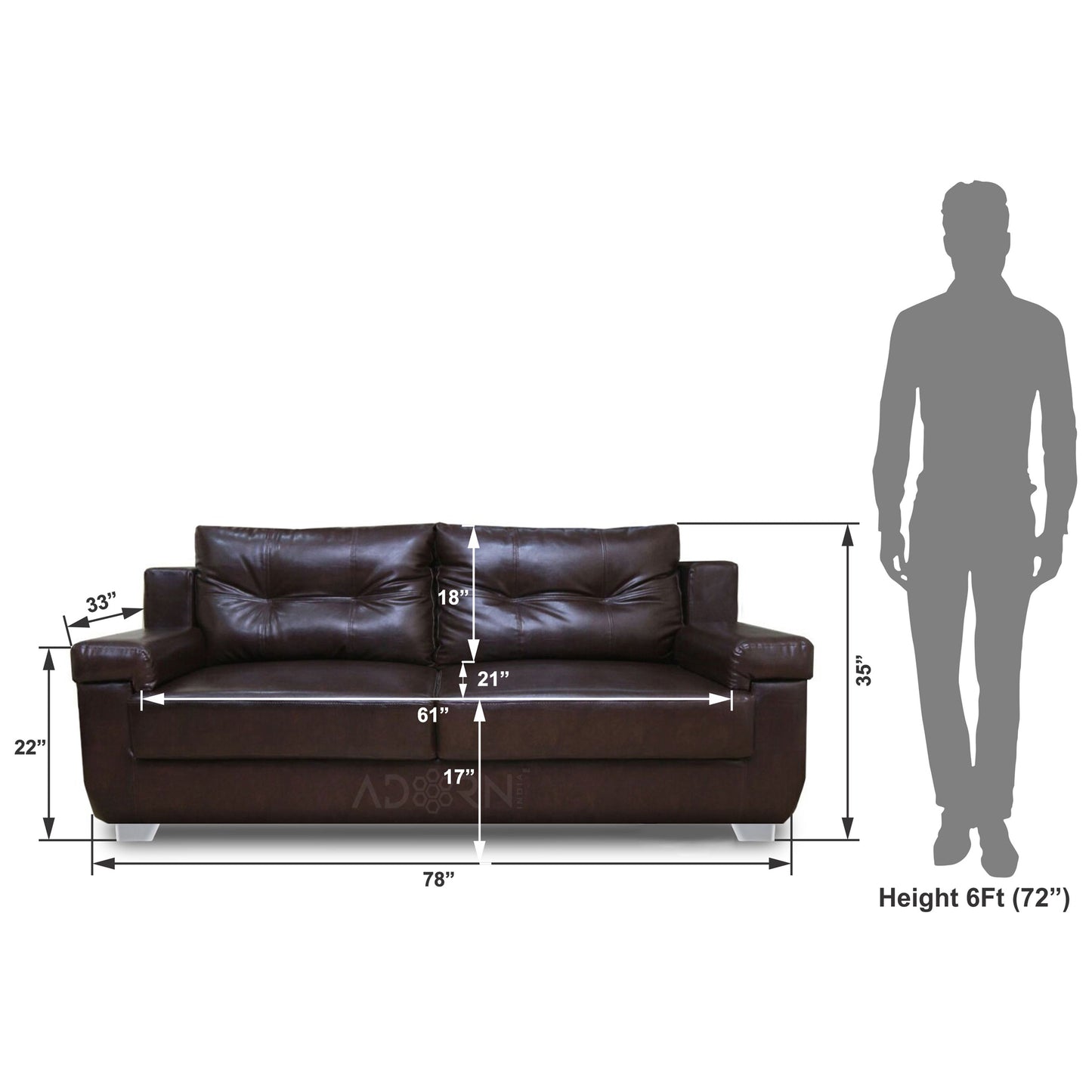 Adorn India Soleado Leatherette Three Seater Sofa (Brown)