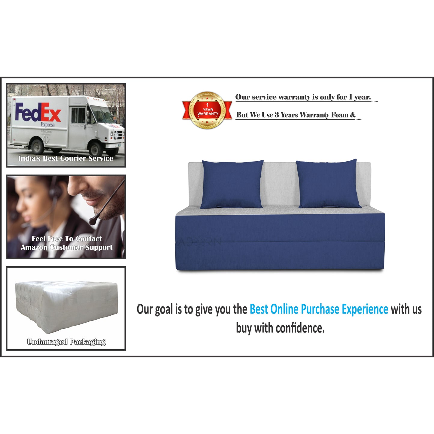 Adorn India Easy 2 Seater Sofa Cum Bed -Perfect for Seat & Sleep Washeble Polyster Fabric Cover (Blue & Grey) 4'x6'.Pillows Free (3 Year Warranty)