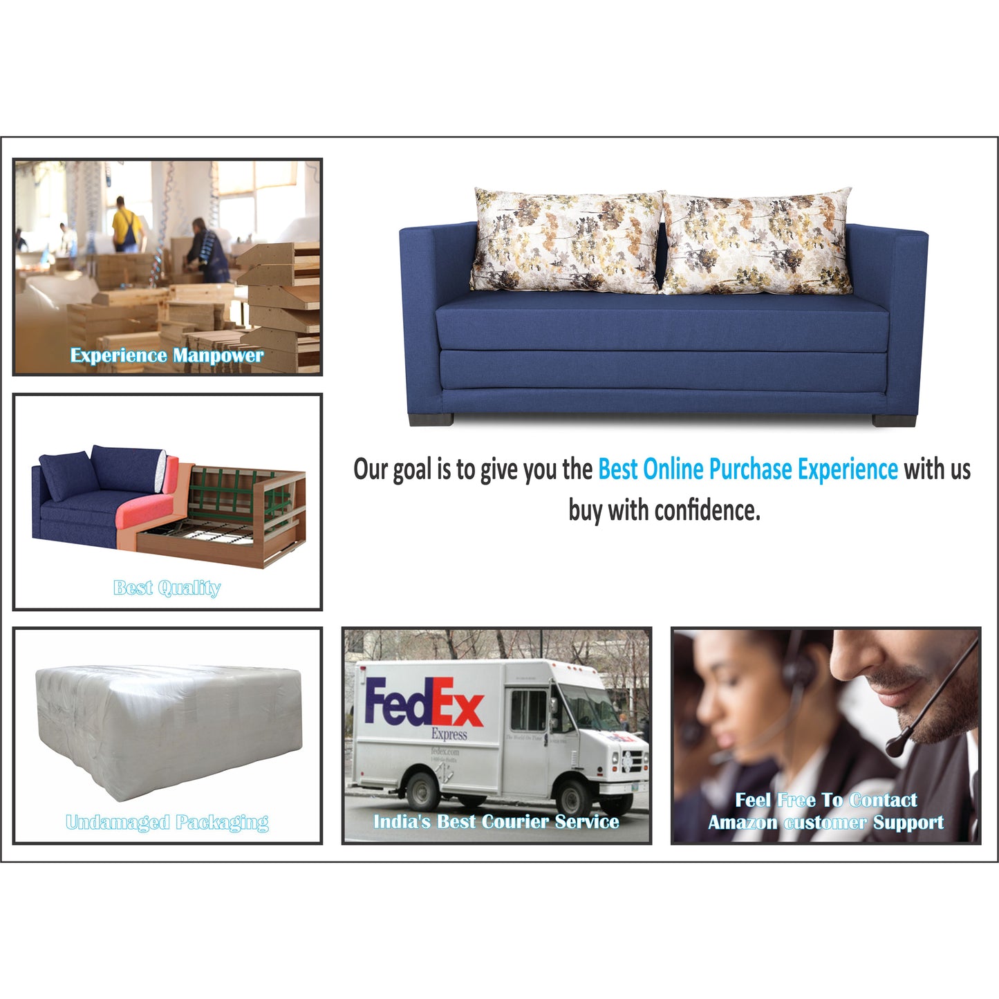 Adorn India Straight line 3 Seater Sofa Cum Bed (Blue), Wood, Foam