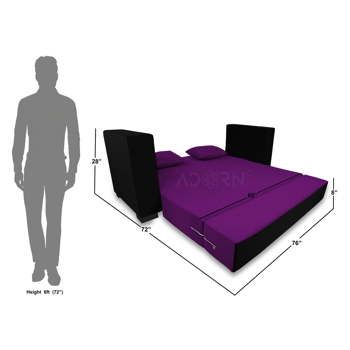 Adorn India Almond 3 Seater Sofa cumbed(Dark Purple & Black)
