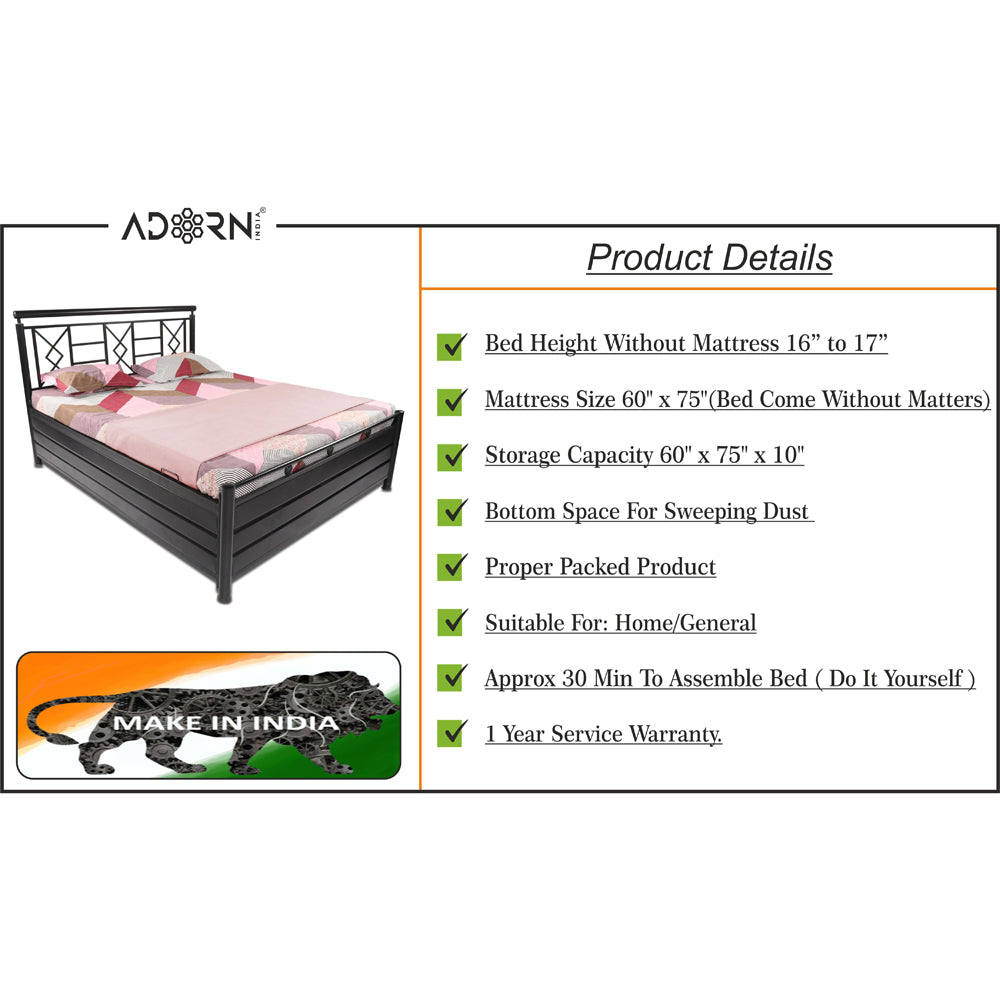 Adorn India Metal Box Spring Queen Bed with Storage-(Matte_Black)