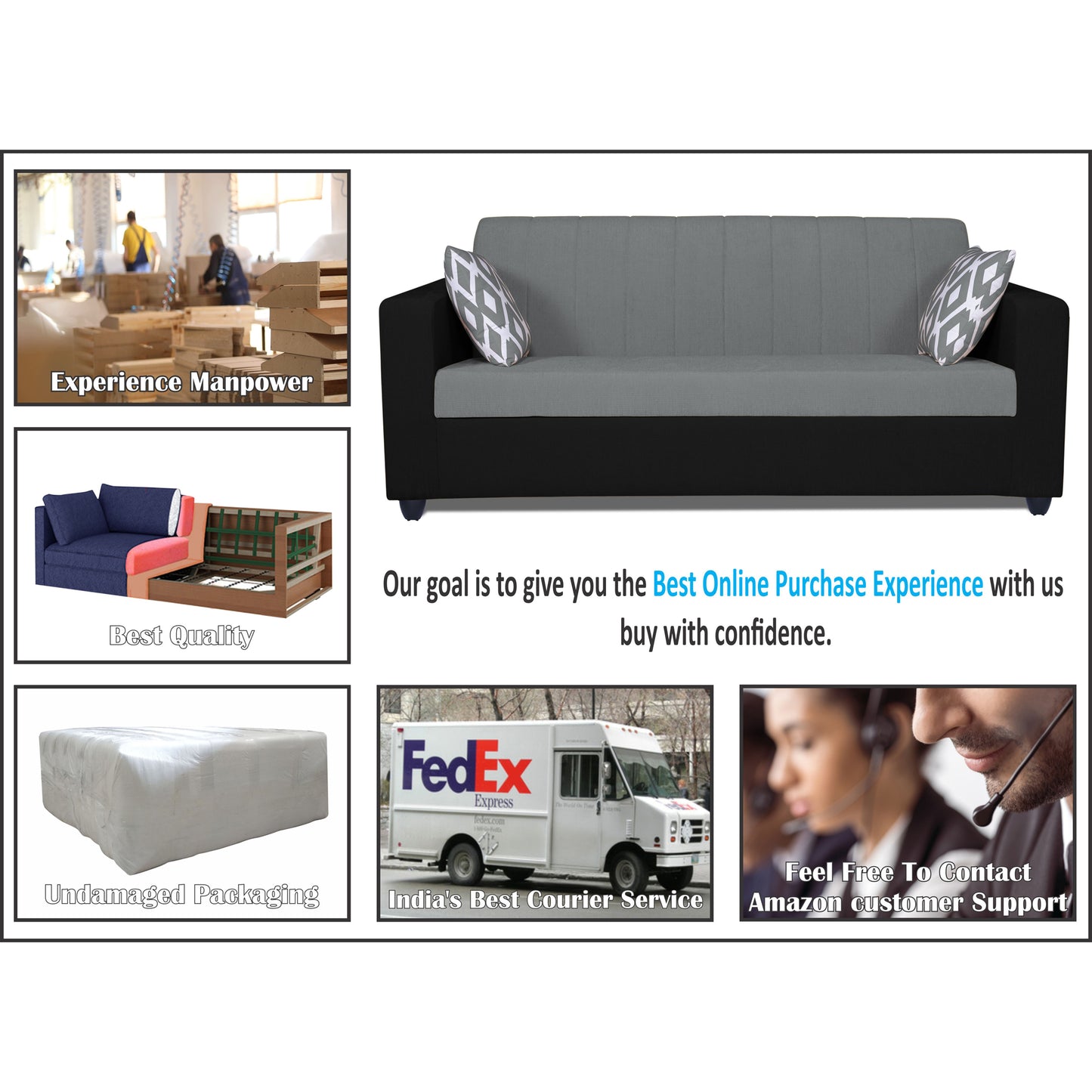Adorn India Rio Highback 3-1-1 5 Seater Sofa Set (Black & Grey)