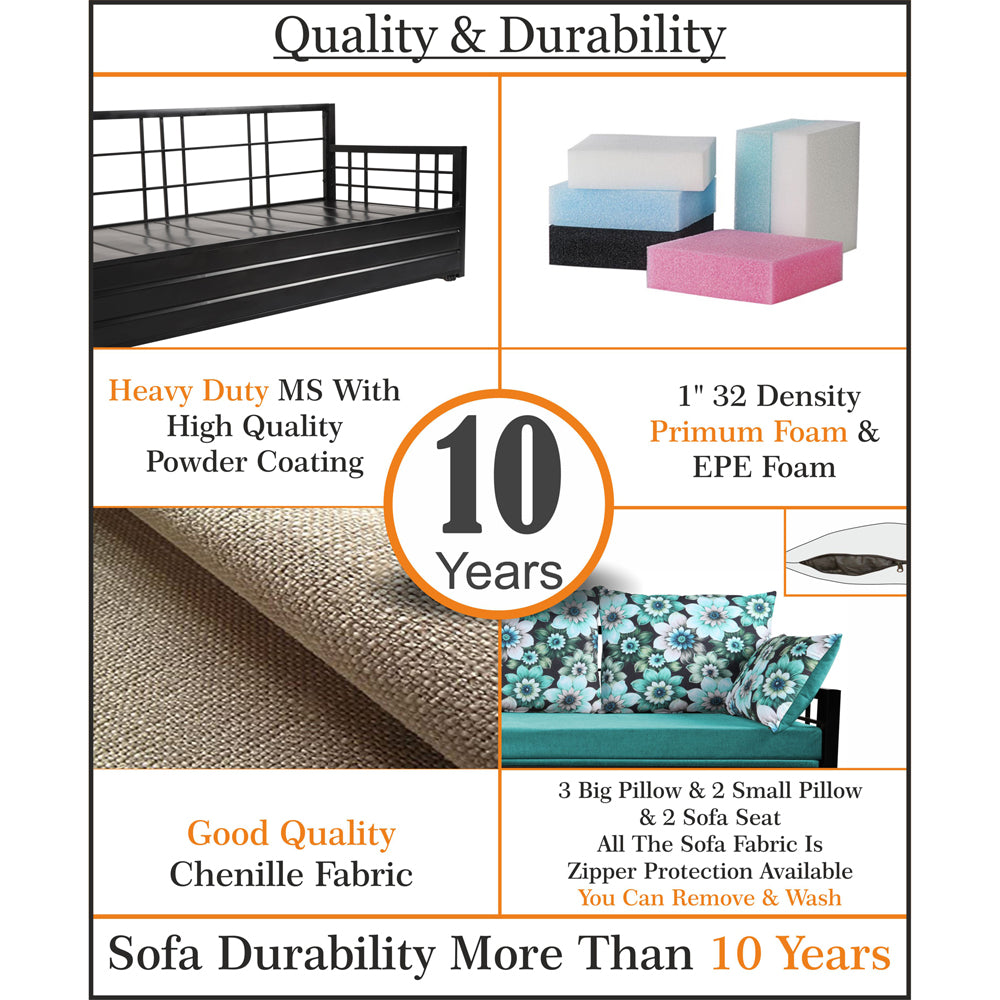Adorn India Polar Black Metal Three Seater Sofa Cum Bed with Storage (6 x 5) (Beige)