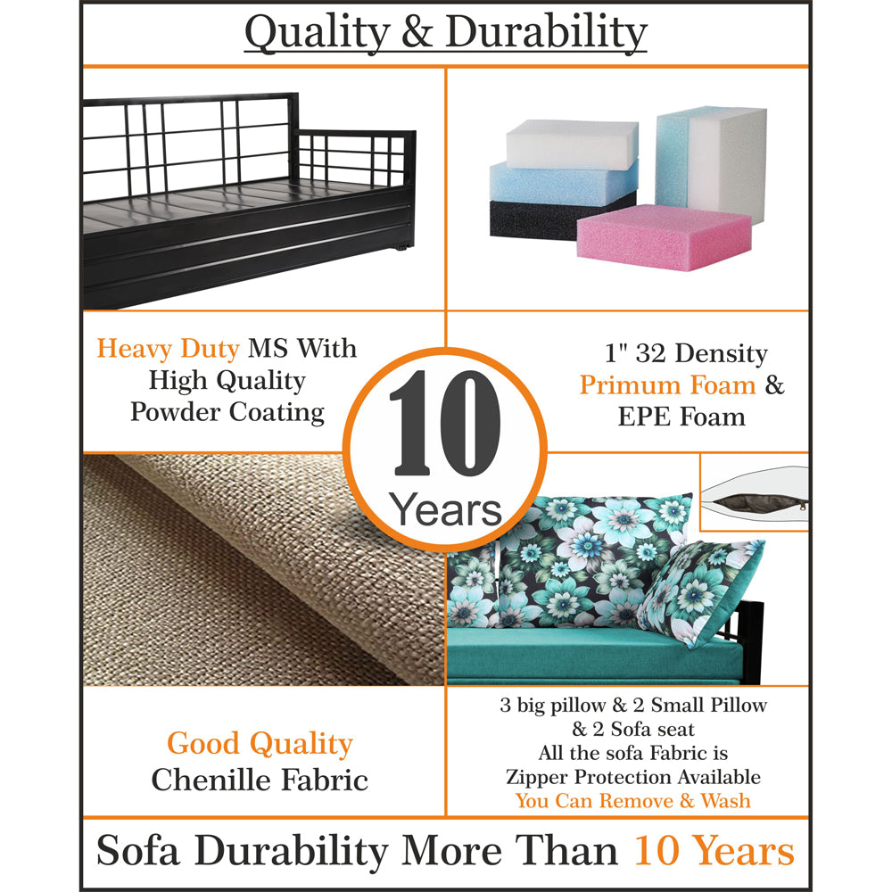 Adorn India Polar Black Metal Three Seater Sofa Cum Bed with Storage (6 x 5) (Aqua Blue)