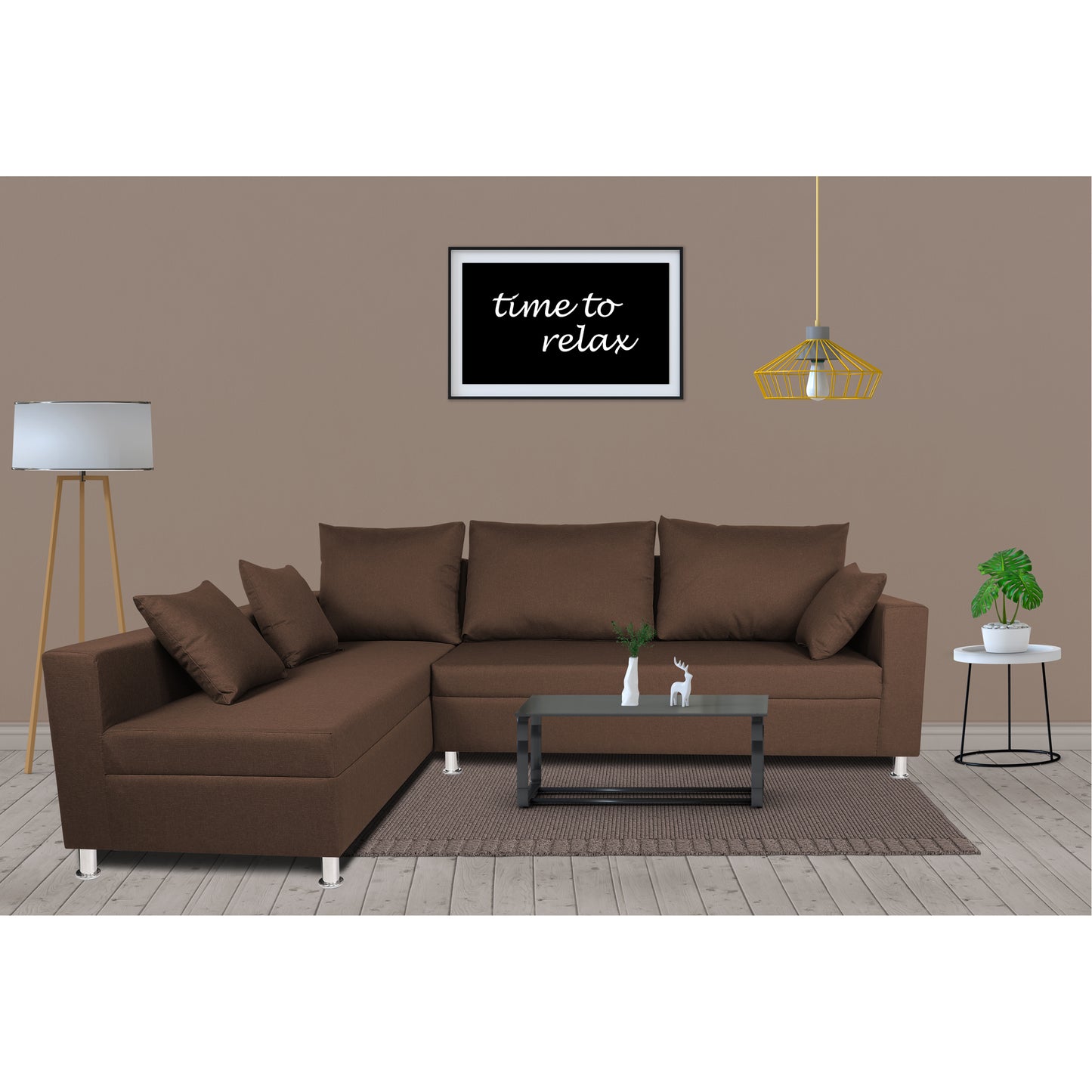 Adorn India Straight Line L Shape 5 Seater Sofa Set Left Side Handle(Brown)
