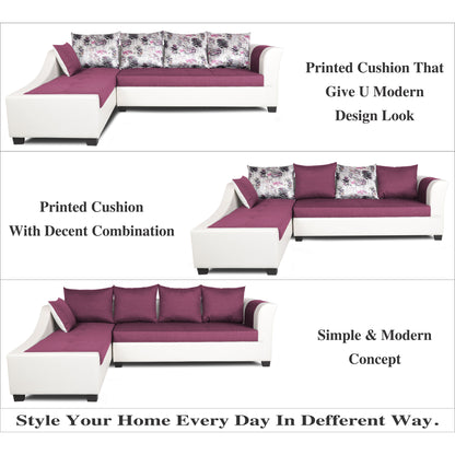 Adorn India Aliana L Shape Leatherette Fabric 6 Seater Sofa Set LHS (Dark Purple & White) (3 Year Warranty)