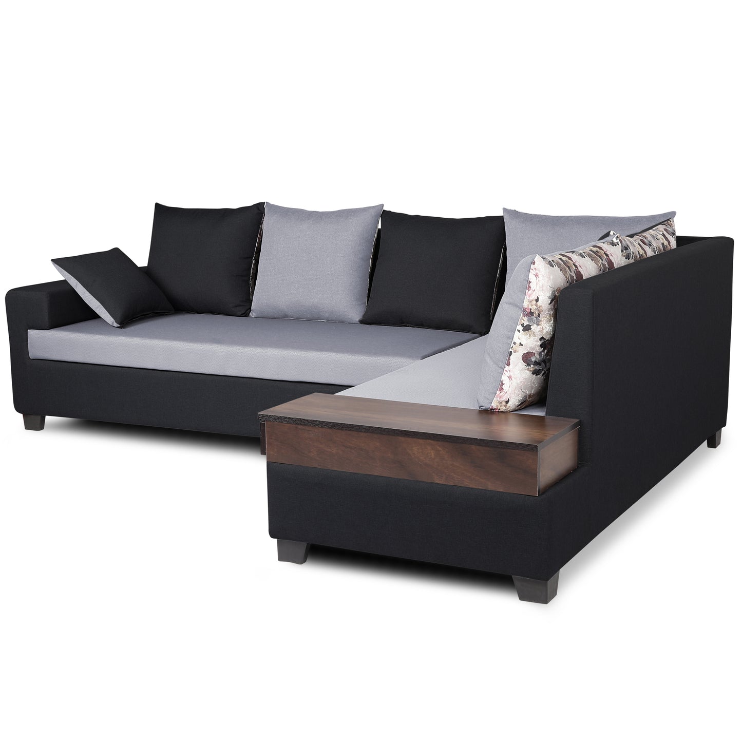 Adorn India Orlando Fabric L Shape Sofa (Black) ack and Light Grey