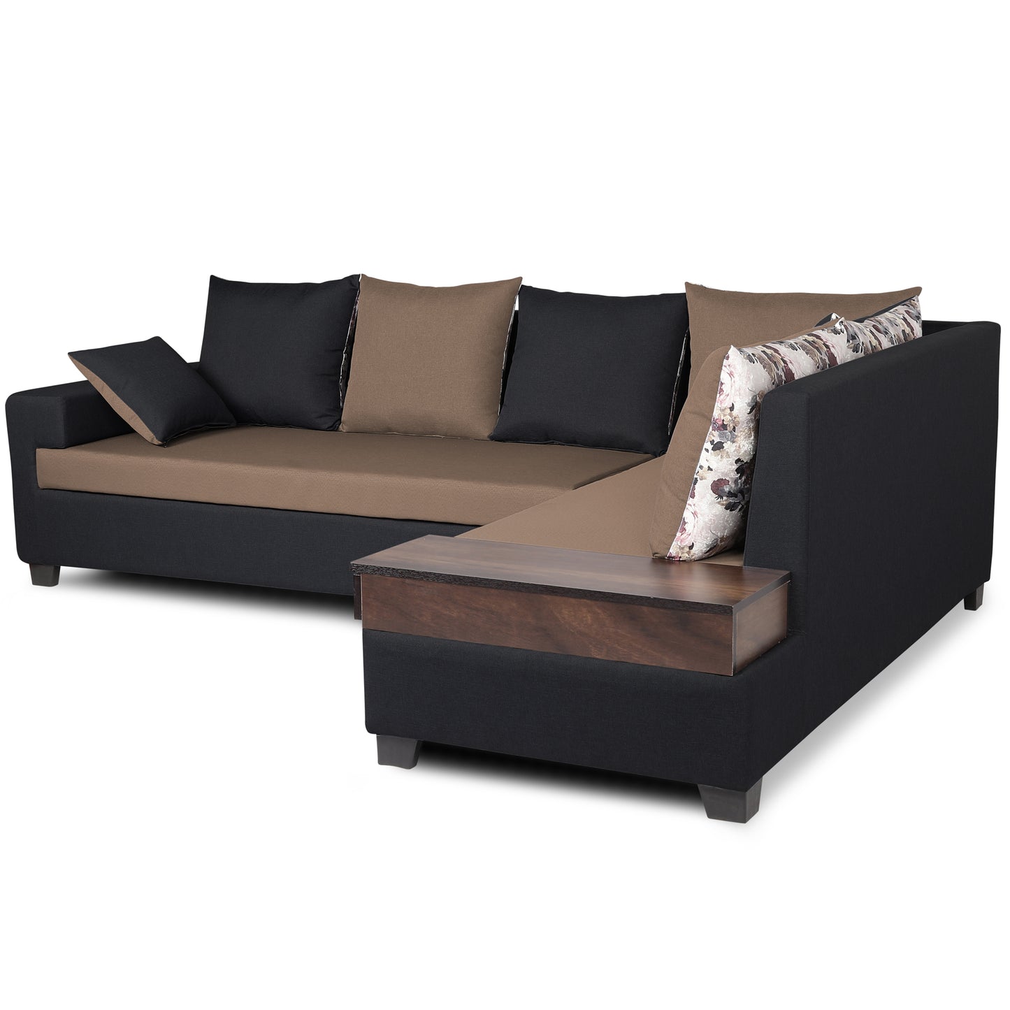 Adorn India Orlando Fabric L Shape Sofa (Black & Camel)