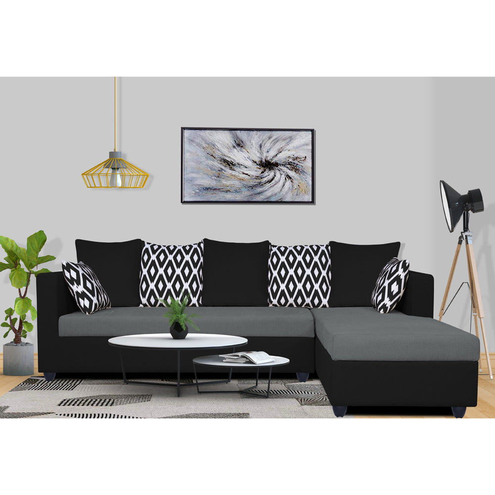 Adorn India Zink Straight line L Shape 6 Seater Sofa Rhombus Cushion(Grey & Black)