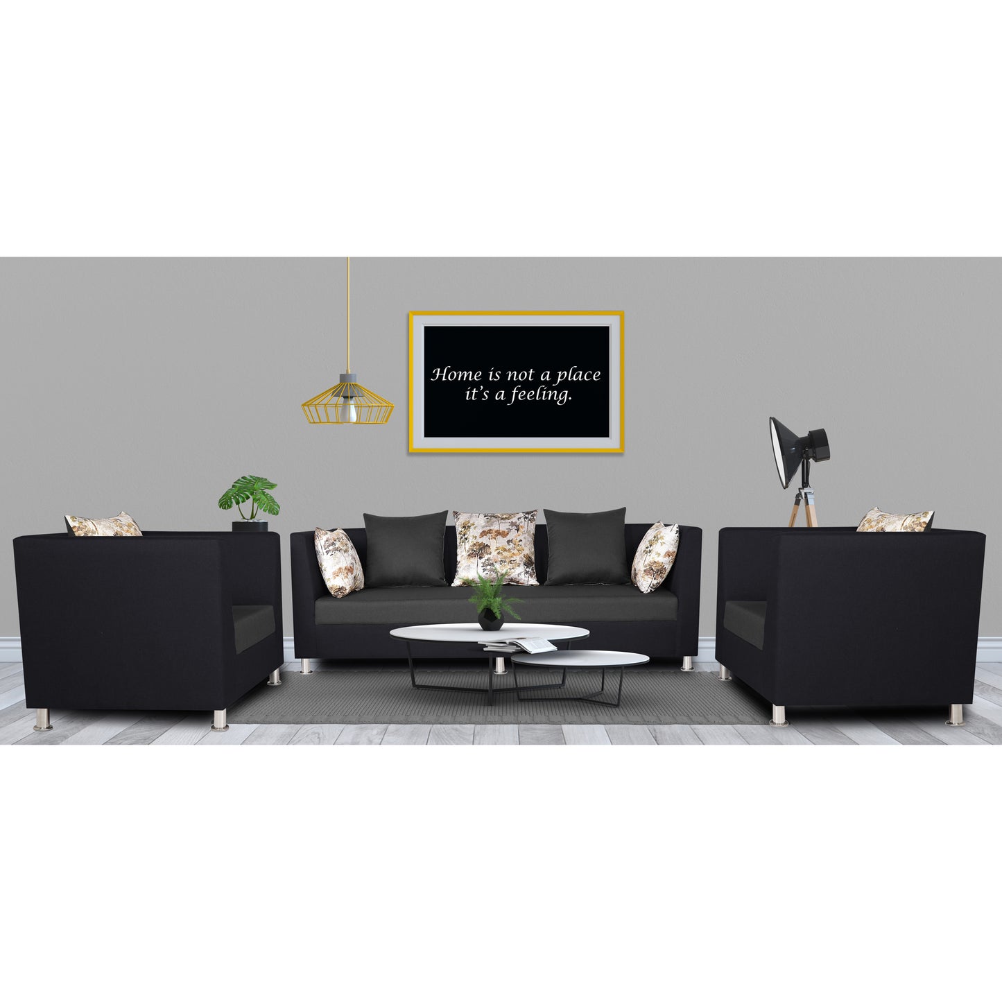 Adorn India Exclusive Two Tone Alica 3-1-1 Five Seater Sofa Set (Dark Grey & Black), Wood, Foam