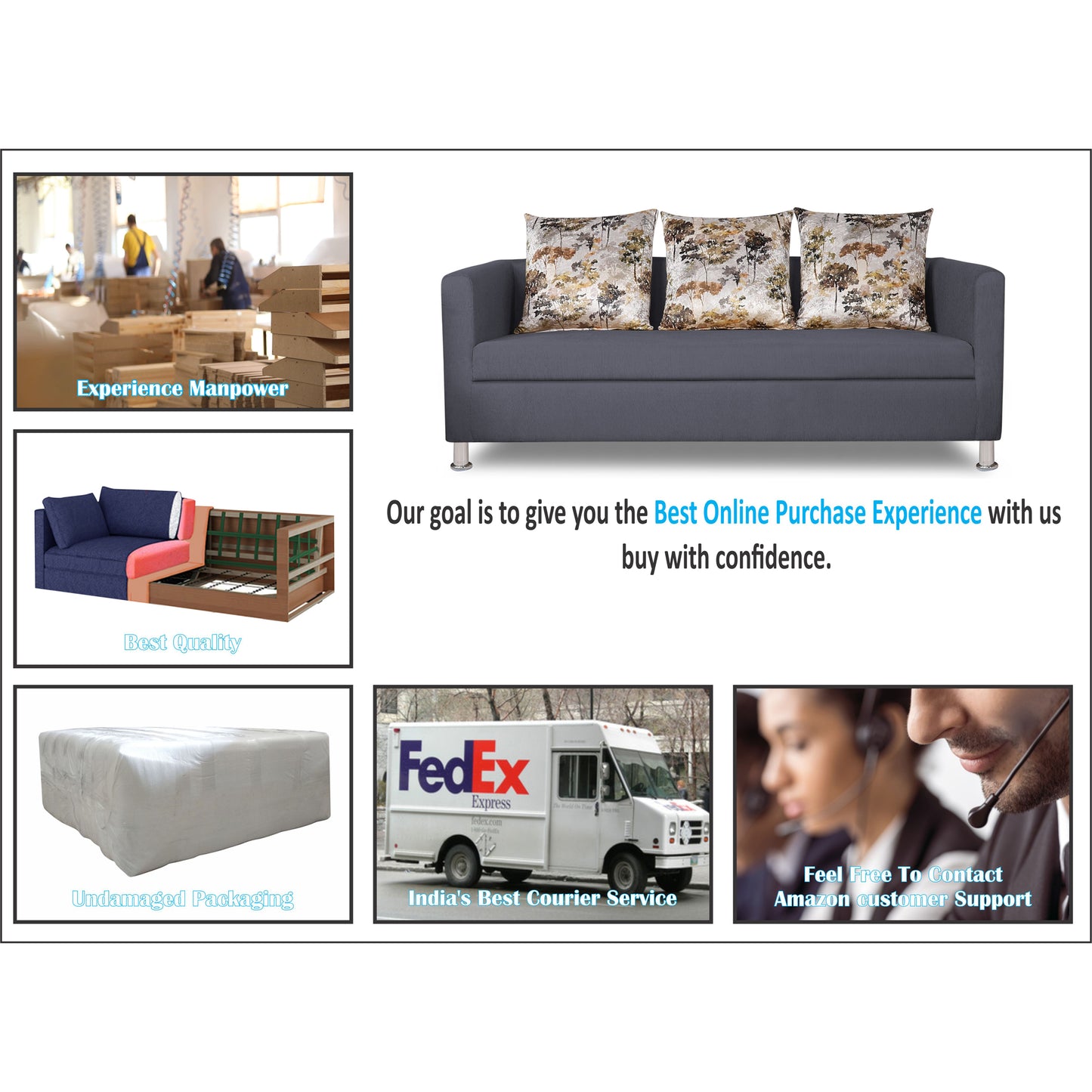 Adorn India Alita 3 Seater Compact Sofa (Dark Grey)
