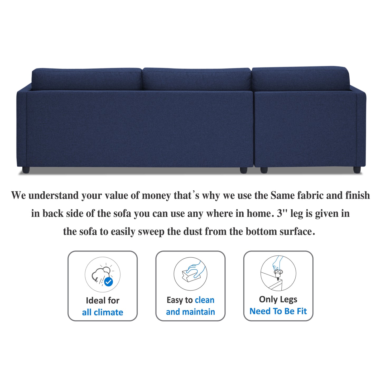 Adorn India Alexander L Shape 7 Seater Sofa Set with Ottoman Puffy LHS (Dark Blue) (3 Year Warranty)