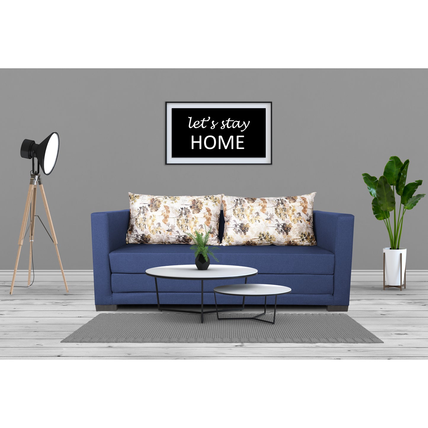 Adorn India Straight line 3 Seater Sofa Cum Bed (Blue), Wood, Foam