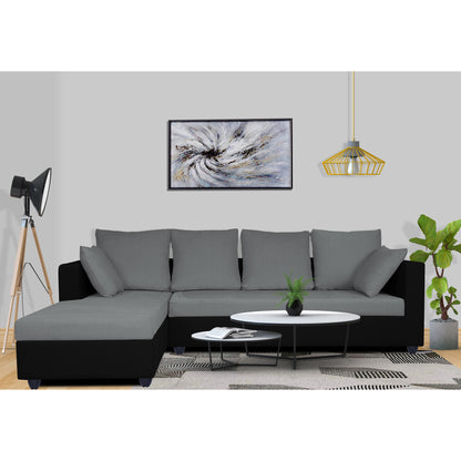 Adorn India Zink Straight line L Shape 5 Seater Sofa Plain Cushion (Left Side Handle)(Grey & Black)