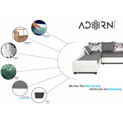 Adorn India Aliana L Shape Leatherette Fabric 6 Seater Sofa Set LHS (Light Grey & White) (3 Year Warranty)