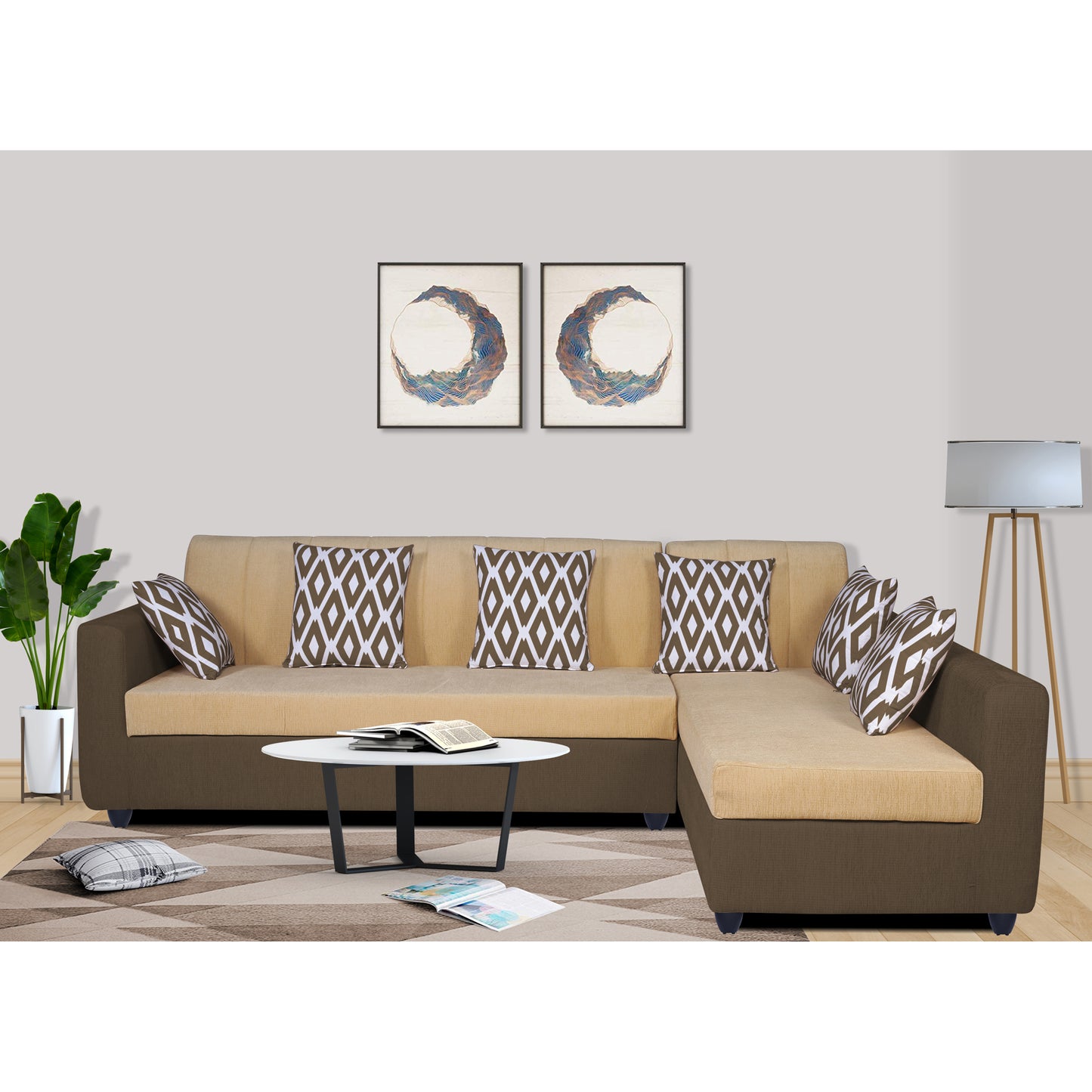 Adorn India Rio High Back L Shape 6 Seater Sofa Set (Right Hand Side) (Brown & Beige)