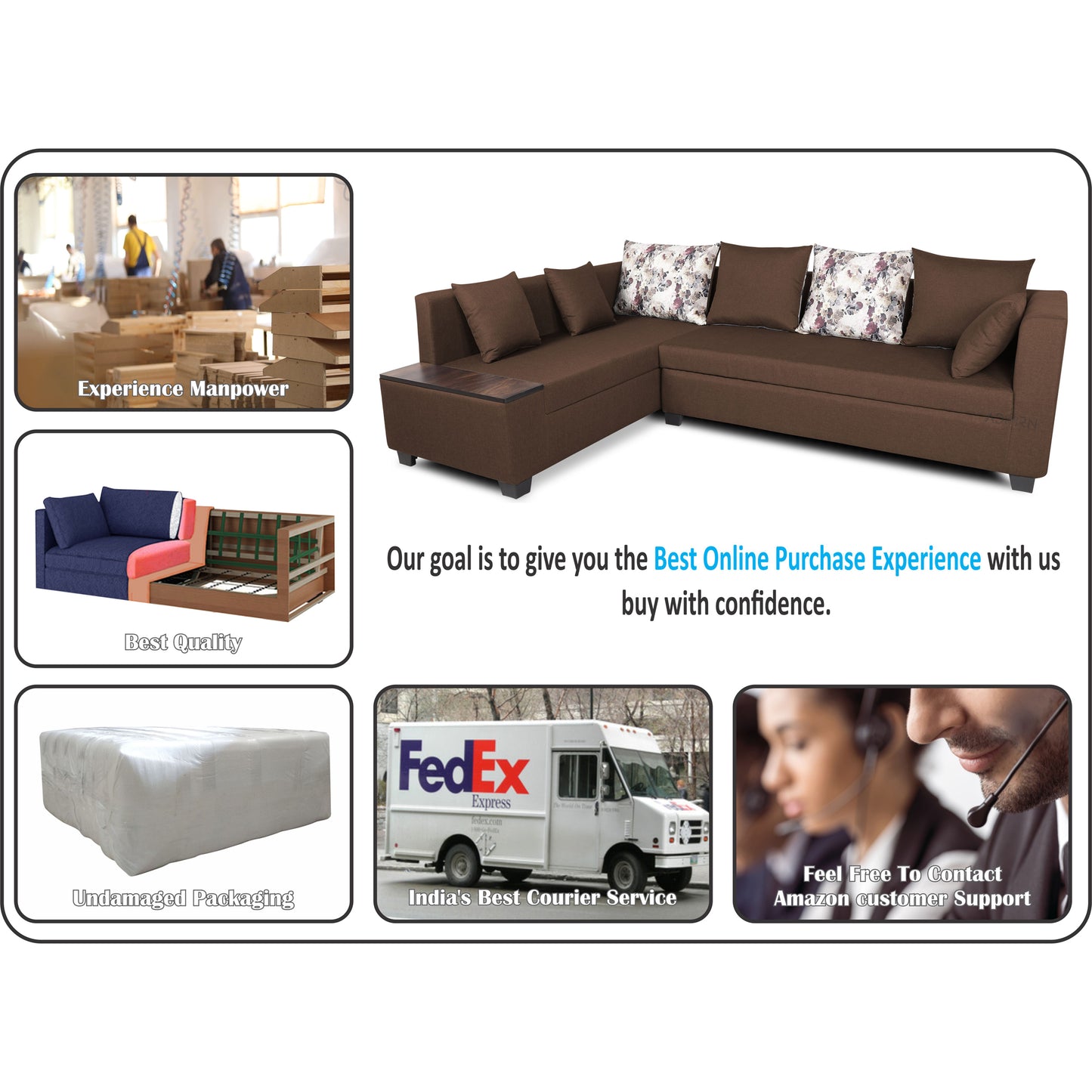 Adorn India Mclain L Shape 6 Seater Sofa (Left Side Handle)(Brown)