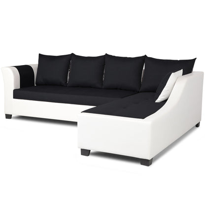 Adorn India Aliana L Shape Leatherette Fabric 6 Seater Sofa Set RHS (Black & White) (3 Year Warranty)
