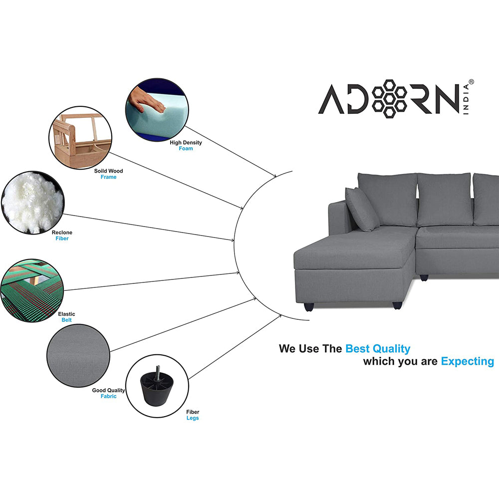 Adorn India Zink Straight line L Shape 6 Seater Sofa Plain Cushion (Left Side Handle)(Grey)