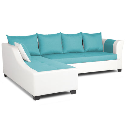 Adorn India Aliana L Shape Leatherette Fabric 6 Seater Sofa Set LHS (Aqua Blue & White) (3 Year Warranty)