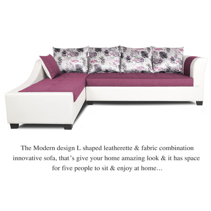 Adorn India Aliana L Shape Leatherette Fabric 6 Seater Sofa Set LHS (Dark Purple & White) (3 Year Warranty)