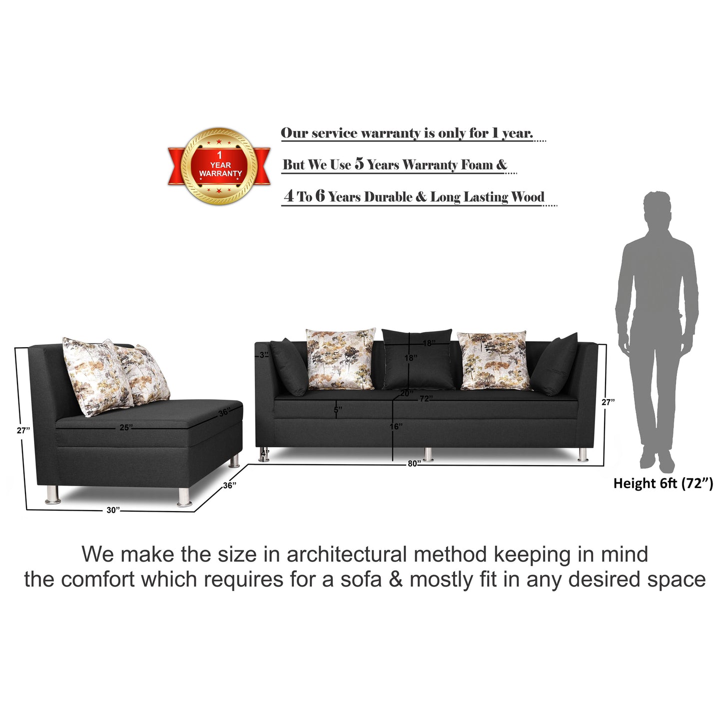 Adorn India Alica Modular Sofa Set(Dark Grey)