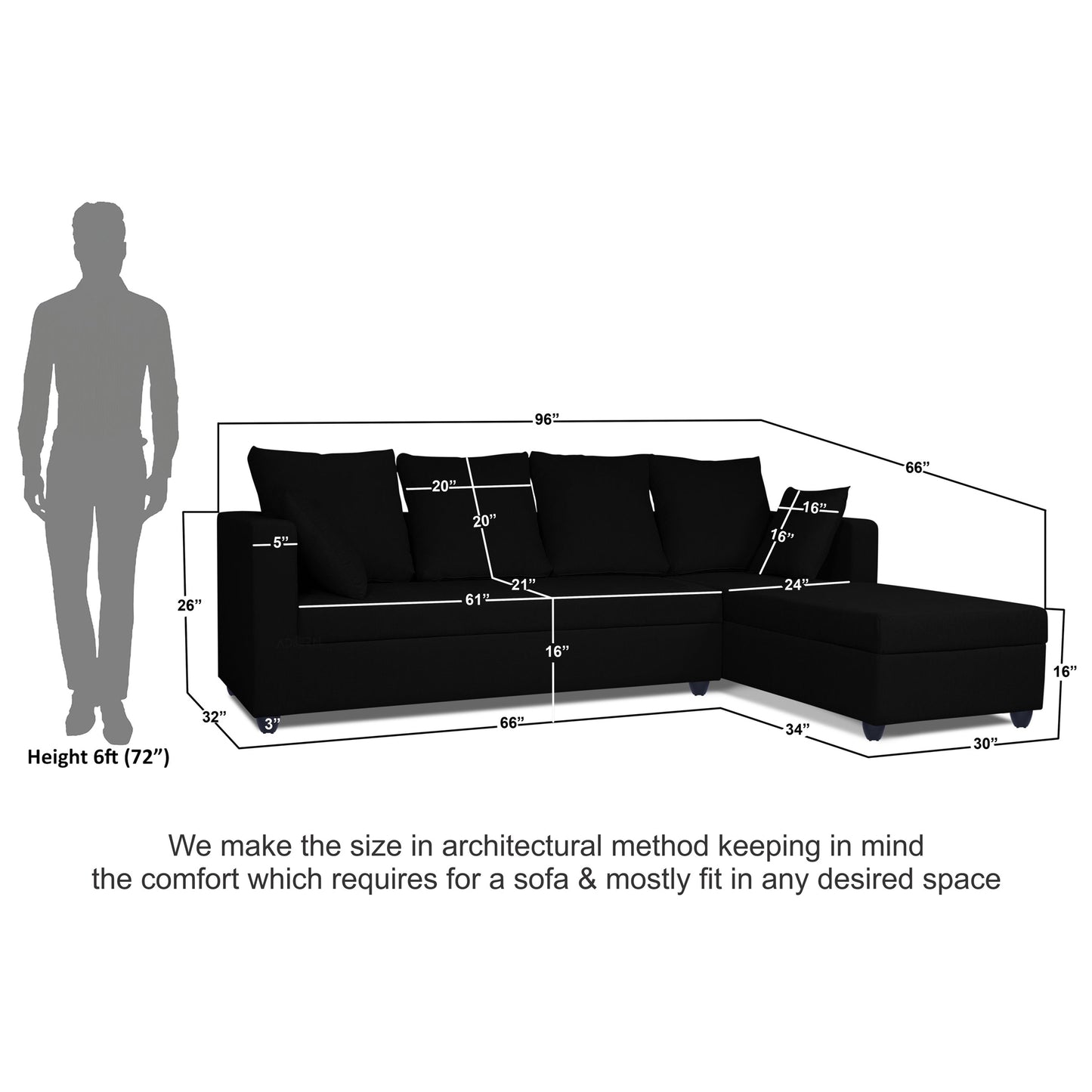 Adorn India Zink Straight line L Shape 6 Seater Sofa Plain Cushion(Black)