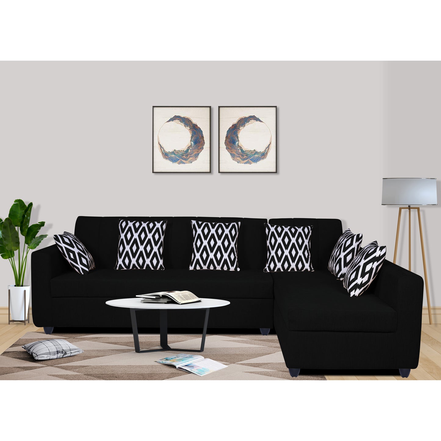 Adorn India Rio HighBack L Shape 6 Seater Sofa Set (Right Hand Side) (Black) (3 Year Warranty)
