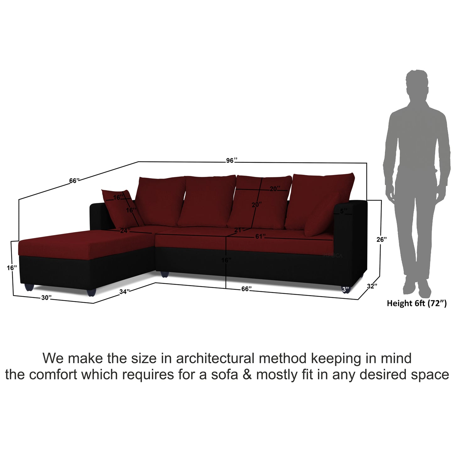Adorn India Zink Straight line L Shape 5 Seater Sofa Plain Cushion (Left Side Handle)(Maroon & Black)
