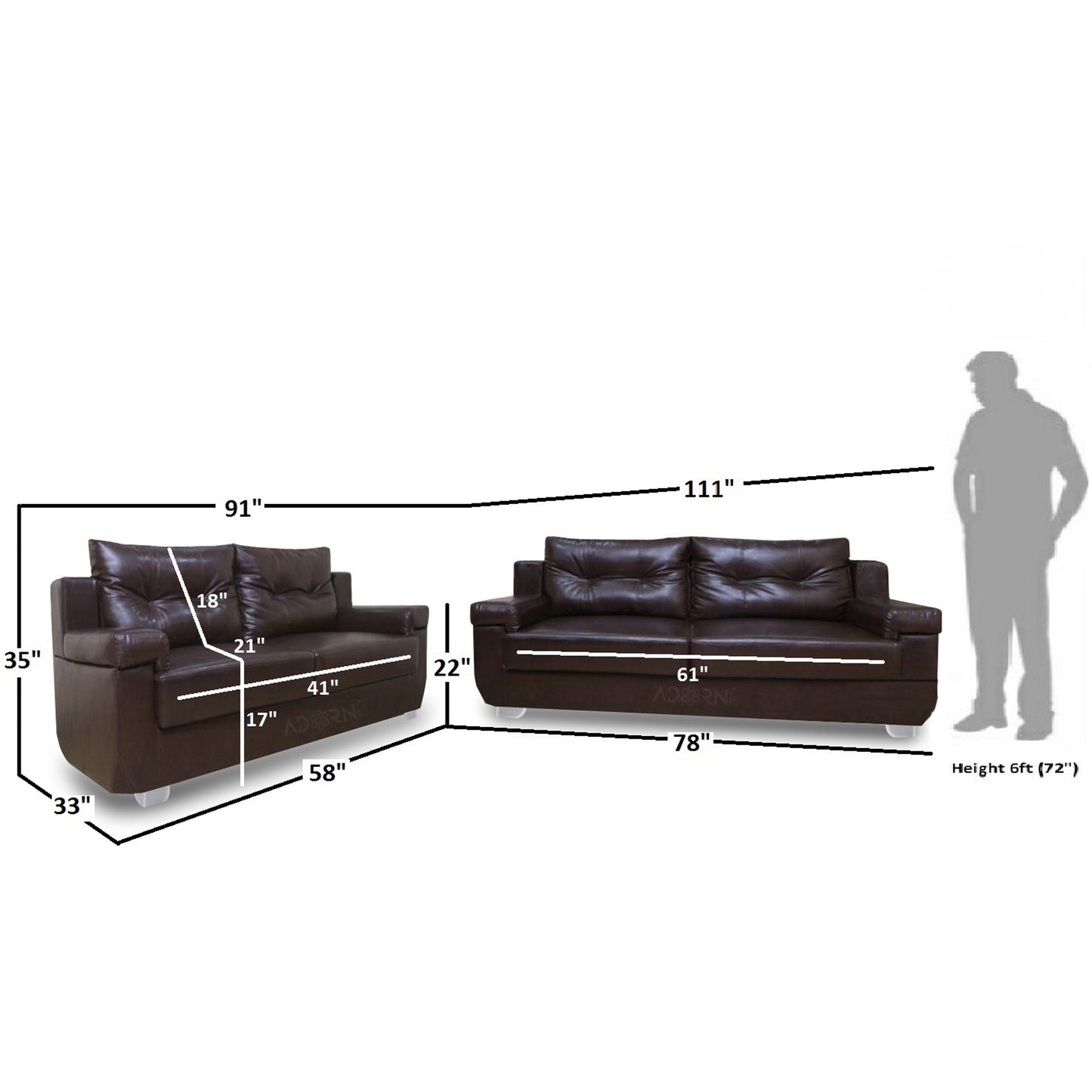 Adorn India Soleado Leatherette  Five Seater Sofa Set 3-2 (Brown)
